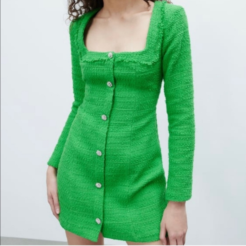 Zara * Tweed Textured Weave Blazer Dress with Jewel Buttons Green - Picture 10 of 14